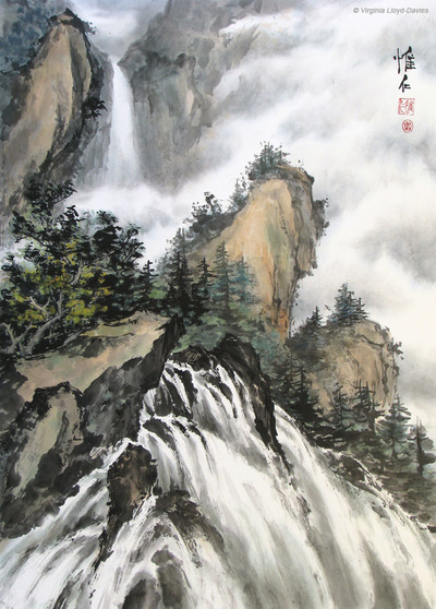 Chinese brush painting of mountain waterfalls