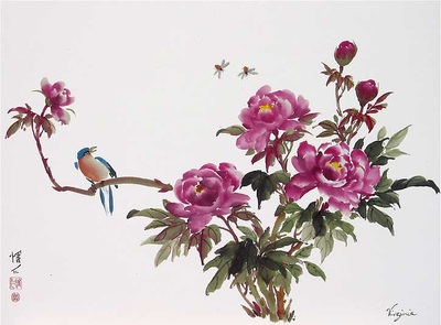 Chinese brush painting of pink peonies, bluebird and bees