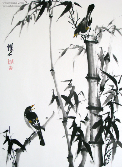Chinese brush painting of two blackbirds sitting among bamboo
