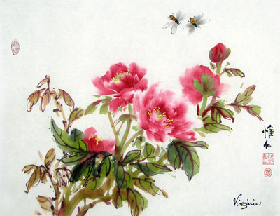 Chinese brush painting of red peonies and large bumble bees