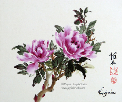 Chinese brush painting of magenta peonies with green leaves