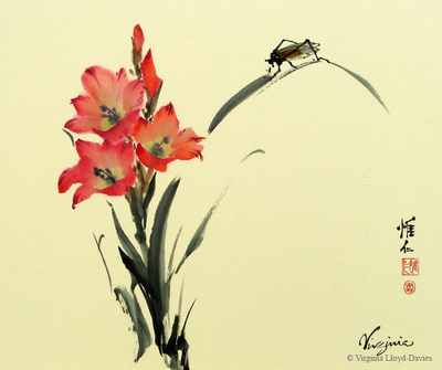 Chinese brush painting of red gladioli and bug