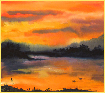 lake scene in sunset colors and ducks