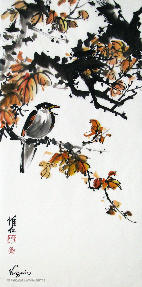 Chinese brush painting of bird perched on maple branch