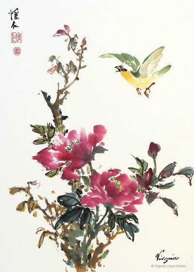 Chinese brush painting of deep red peony and green and yellow bird