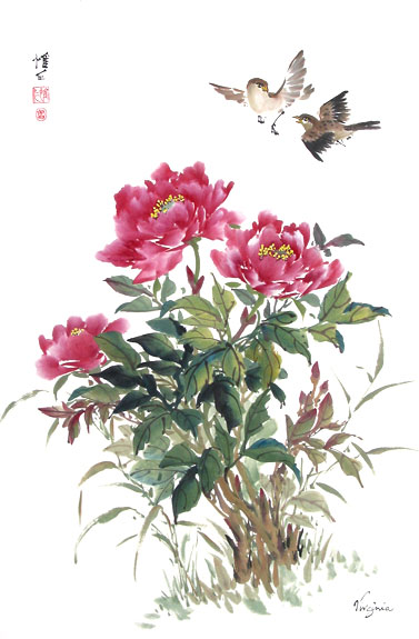 Chinese brush painting of red peonies with pair of sparrows flying