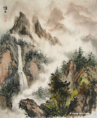 Chinese brush painting of misty brown mountains and pine trees