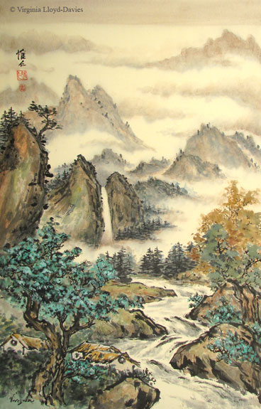 Chinese brush painting of blue-green trees and cabins by river w mountains in distance