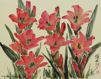 Chinese brush painting of red gladioli 