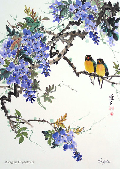 Chinese brush painting of two lovebirds sitting in purple wisteria