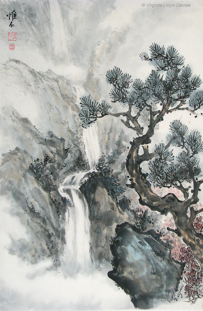 Chinese brush painting of multi-layer waterfalls and pine tree