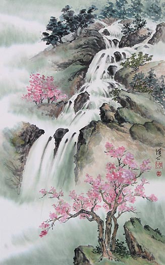 painting of waterfall and pink trees