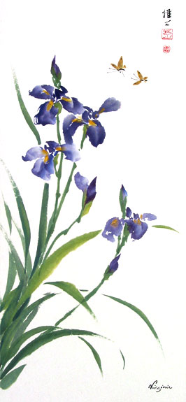 Chinese brush painting of Siberian irises and butterflies