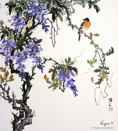 Chinese brush painting of bird singing in the purple wisteria