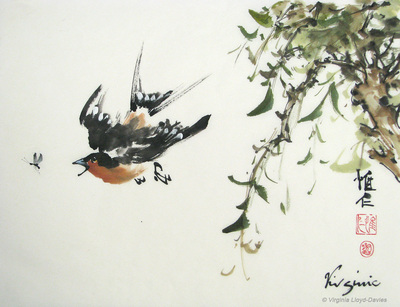 Chinese brush painting of swallow chasing bug next to willow branch