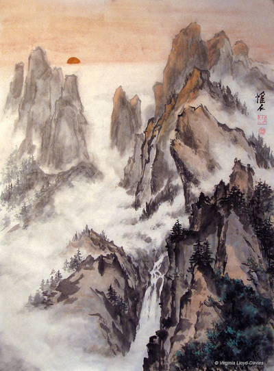 Chinese brush painting of misty mountains at dawn