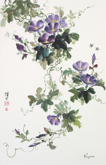 Chinese brush painting of purple morning glory
