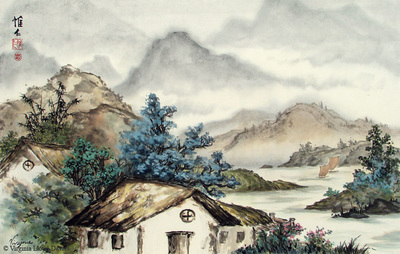 Chinese brush painting of cabins by a lake