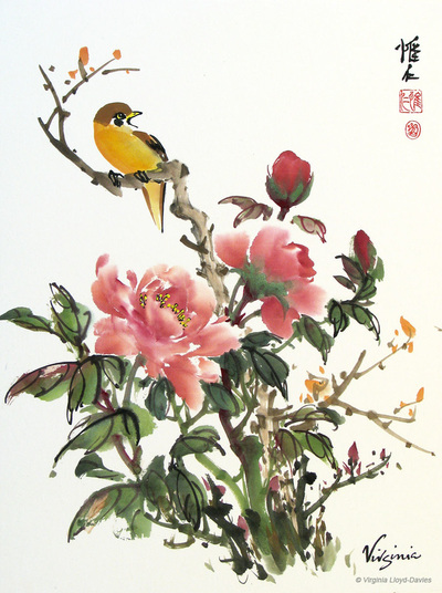Chinese brush painting of peachy peonies with a yellow bird perched on branch