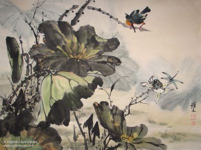 Chinese brush painting of lotus, kingfisher and dragonfly