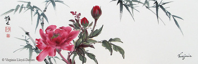 Chinese brush painting of red peony and bamboo