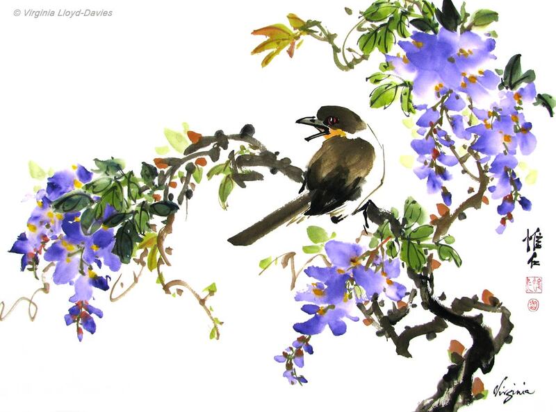 Chinese brush painting of brown bird and purple wisteria