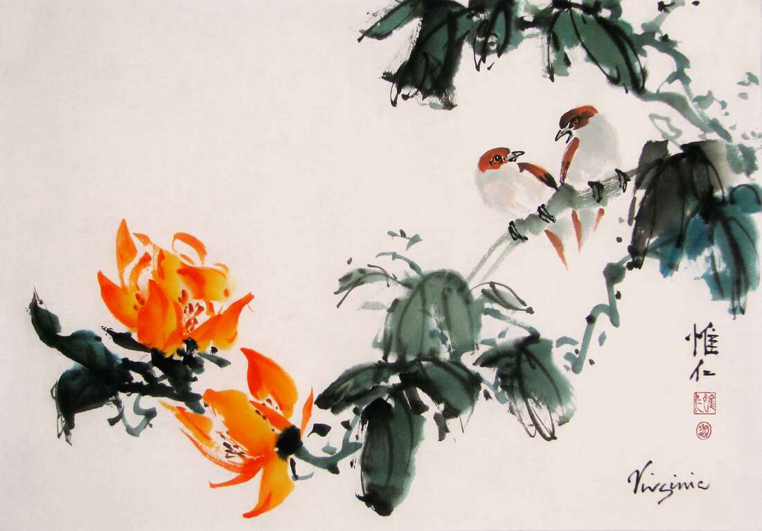 sumi-e painting of  birds sitting on a branch with orange blossoms and green leaves 