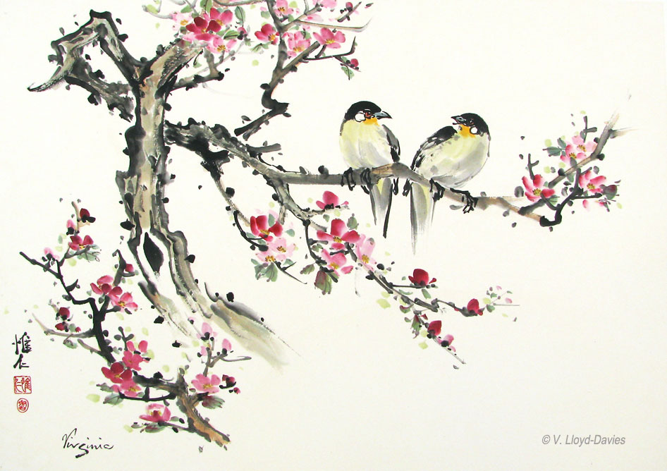 Chinese brush painting of two lovebirds sitting on red flowering tree