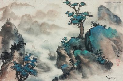 Chinese brush painting of blue-green rocks and trees and mountains in distance