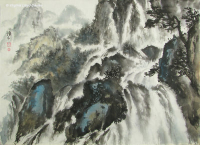 Chinese brush painting of waterfalls and rocks