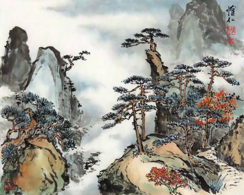 cliffs, pines, mist, mountains in sumi-e