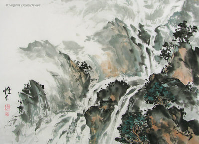 Chinese brush painting of rocks and waterfalls in browns and blues