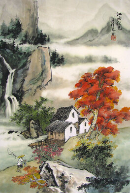 Chinese houses, fisherman, red maple, waterfall