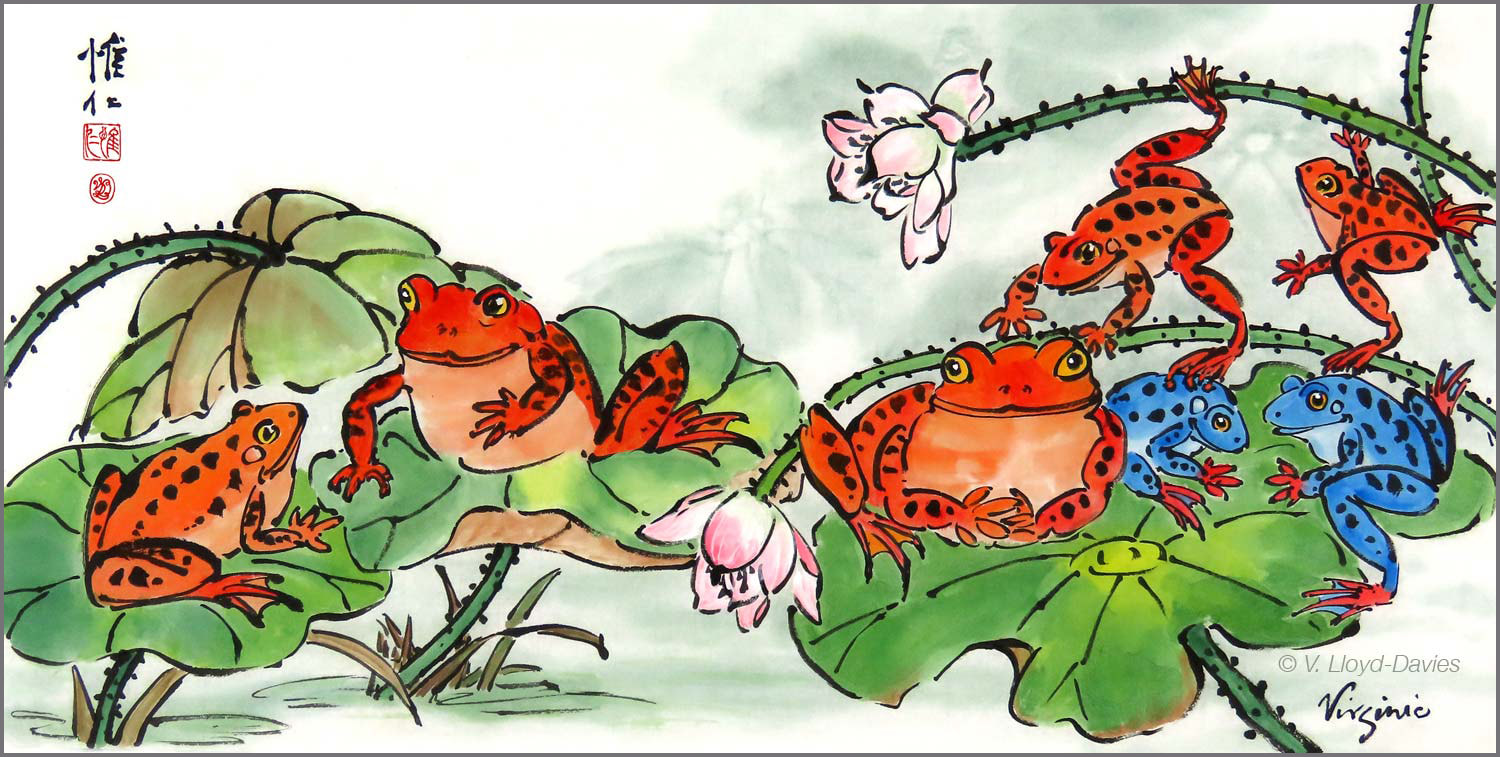 Red and blue frogs playing in a lotus pond