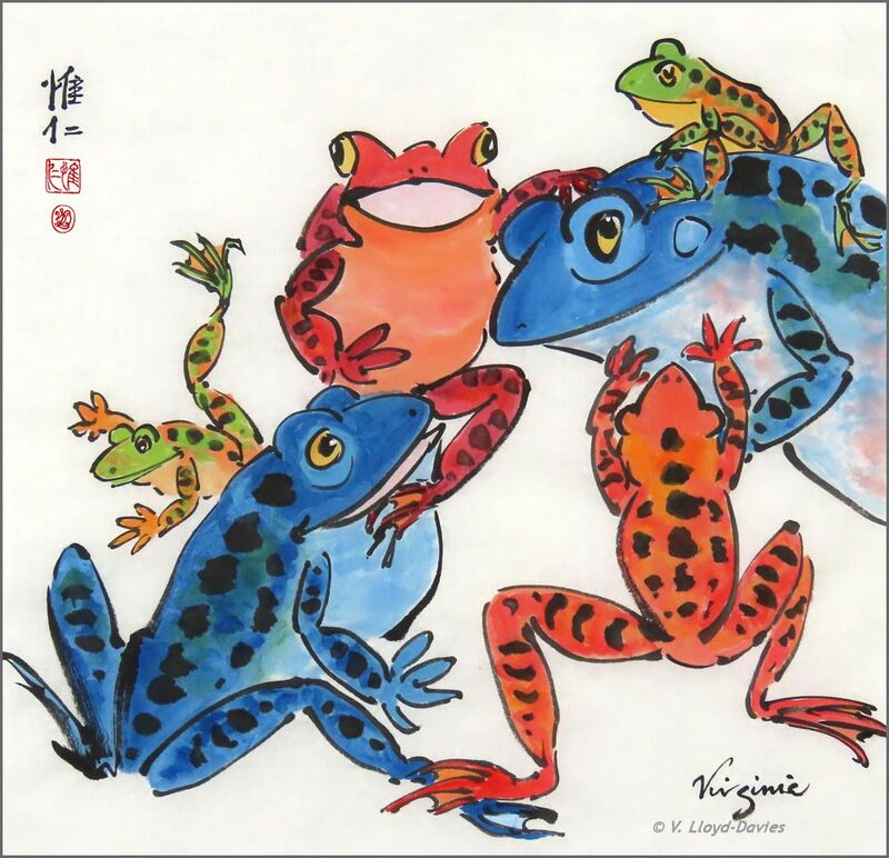 Red, blue and green frogs