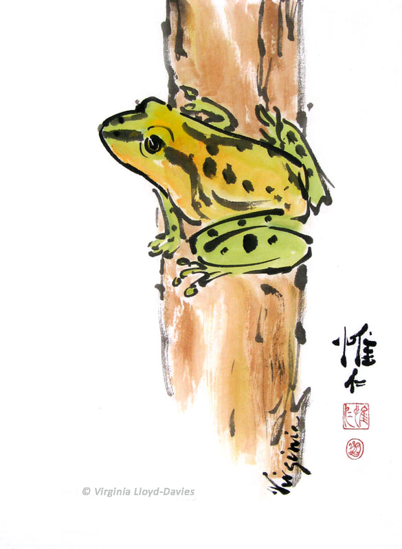 Green frog on wooden post