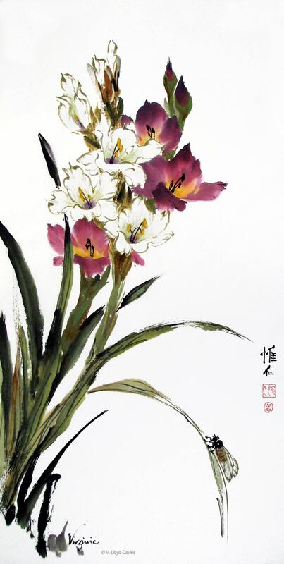 Chinese brush painting of white and purple gladioli with cicada