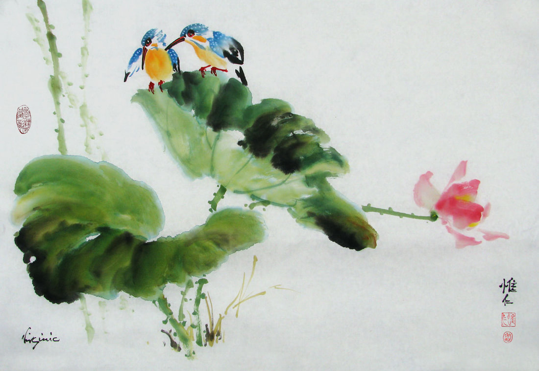 green lotus leaves, pink lotus flower and two blue kingfishers Picture