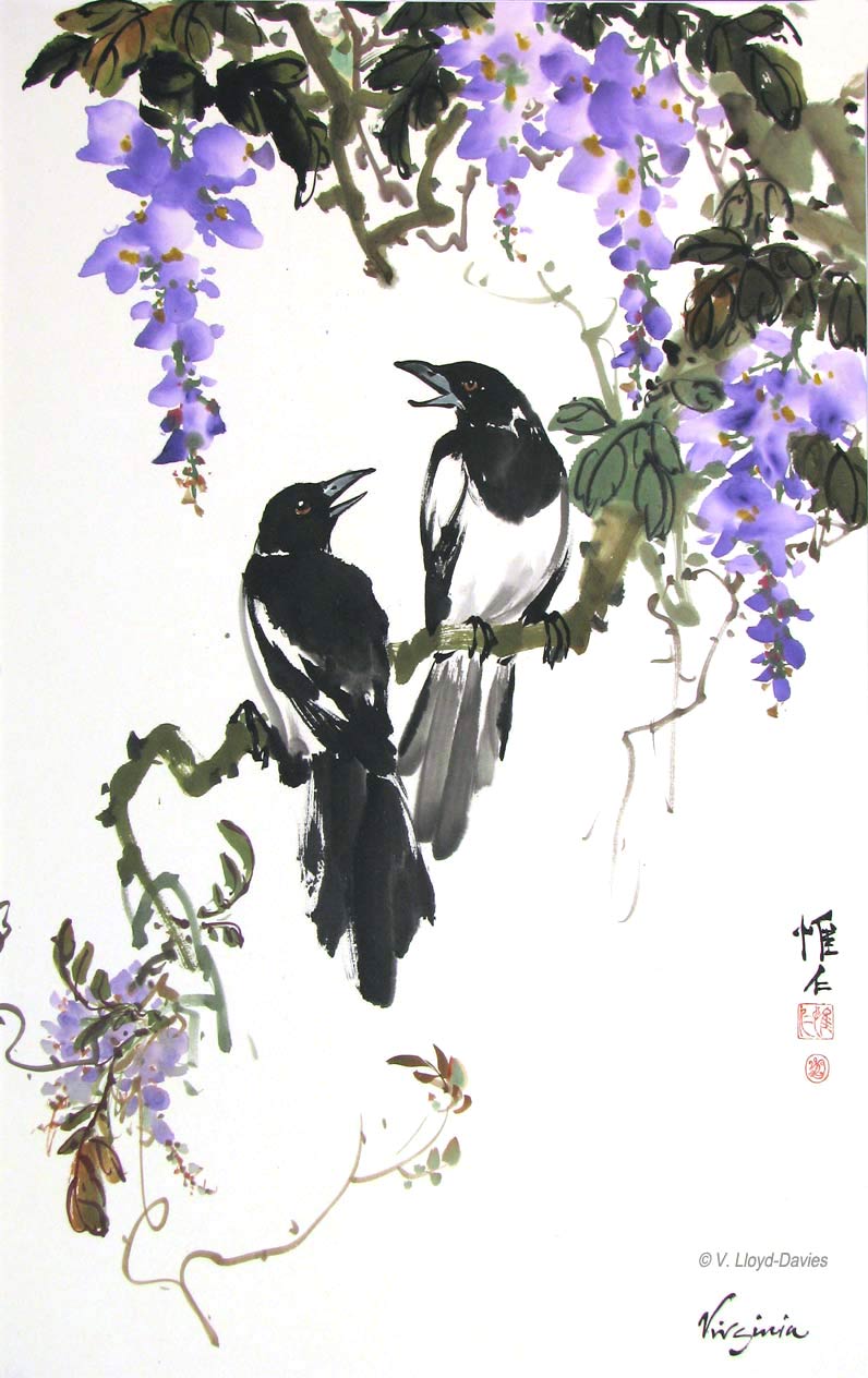 Chinese brush painting of magpies and wisteria