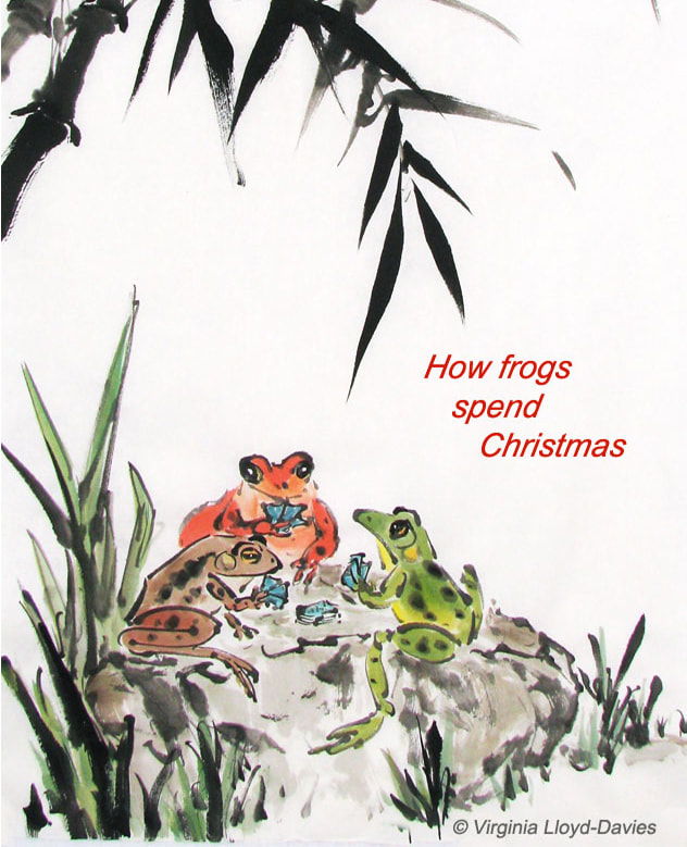 3 frogs play cards on a rockPicture
