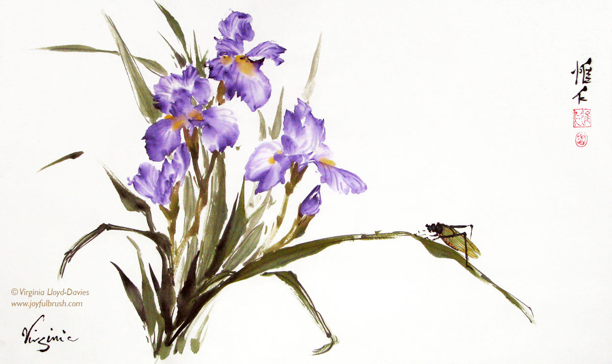 Chinese brush painting of purple irises with bug