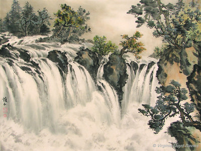 Chinese Brush Painting of waterfall, rocks, trees