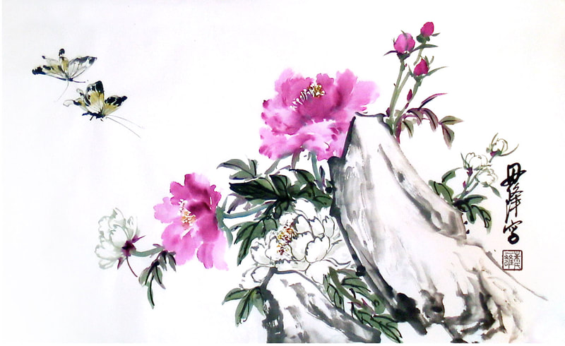 pink peonies, rocks, butterflies by I-Hsiung Ju