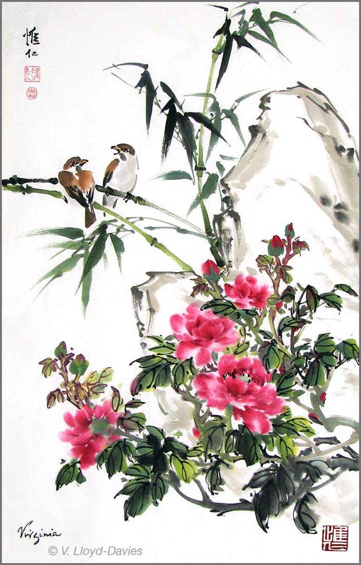 Red peonies, 2 sparrows, bamboo and rock