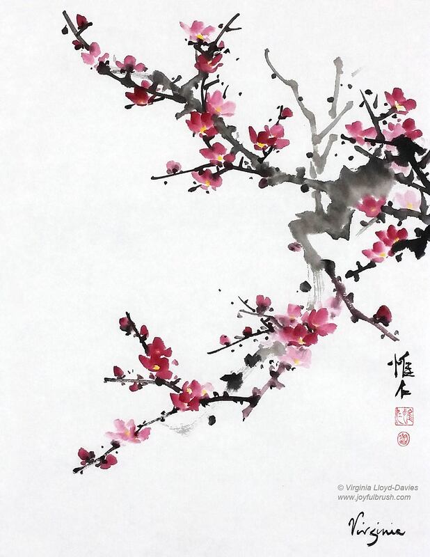 Chinese brush painting of pink plum blossoms