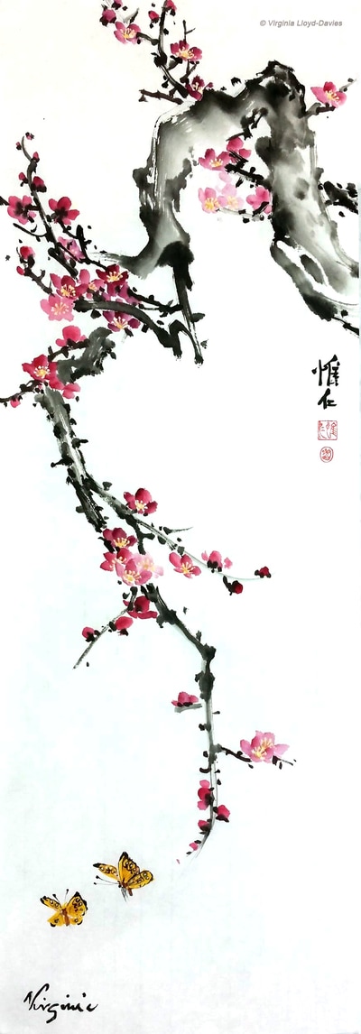 Chinese brush painting of red plum blossom and yellow butterflies