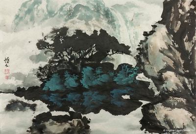Chinese brush painting of reflections of blue-green trees in a lake