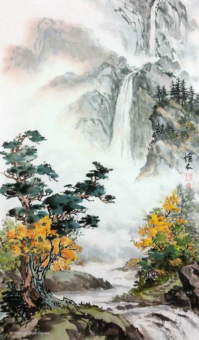 Chinese brush painting of waterfalls and river with yellow, orange and green trees