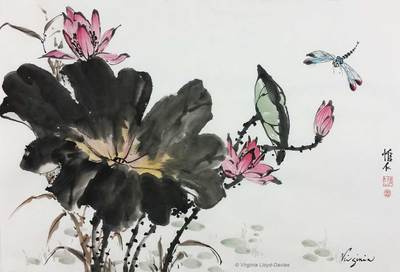 Chinese brush painting of black lotus leaf, pink flowers and dragonfly