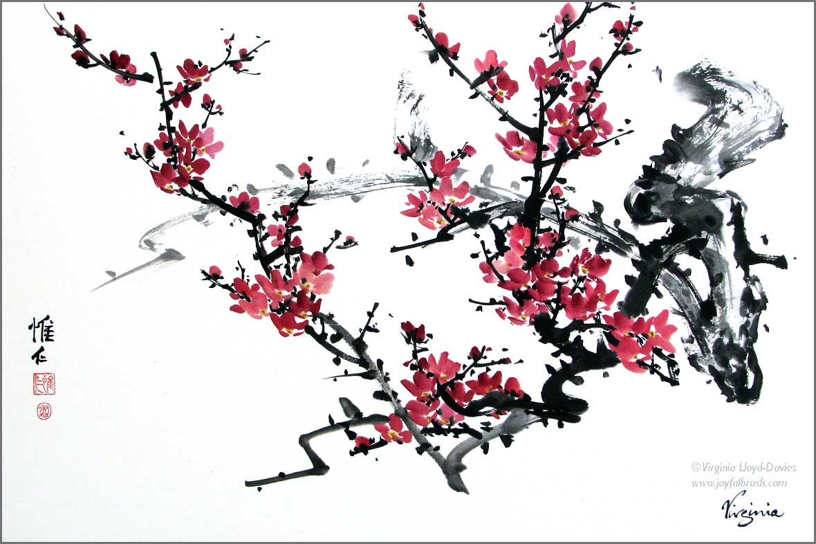 Red plum blossom on a black branch